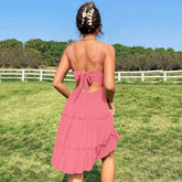 Women Summer Lace Short Dresses Casual V Neck Boho Ruffle Sleeveless A Line Beach Sun Dress Backless Sexy Dresses For Women